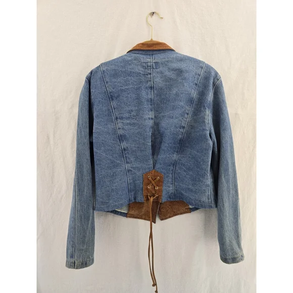 Frontier Vtg Denim Leather Cropped 1 Button Western Jacket. Ladies Size Large - Picture 11 of 15